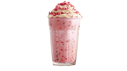  A photorealistic image of a strawberry shake with a dollop of cream and a sprinkle of pink sprinkles, in a transparent glass, on a, transparent background