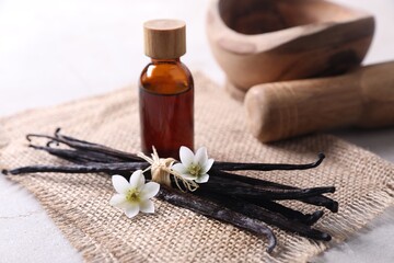 Vanilla pods, essential oil and flowers on light gray table