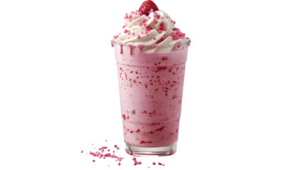  A photorealistic image of a strawberry shake with a dollop of cream and a sprinkle of pink sprinkles, in a transparent glass, on a, transparent background