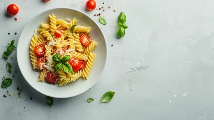 A staple food recipe featuring a bowl of pasta with tomatoes and basil, served on a sleek black tableware. A delicious and natural food dish perfect for sharing AIG50