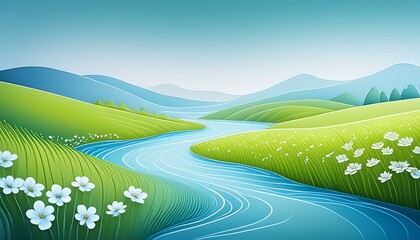 Obraz premium A gentle river flowing through a lush, green meadow with spring flowers.