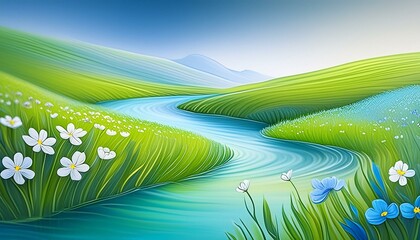 Obraz premium A gentle river flowing through a lush, green meadow with spring flowers.