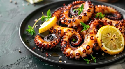 Grilled octopus on black plate. Traditional Mediterranean dish