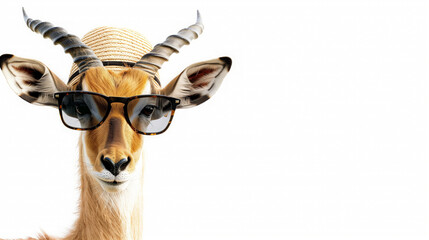 Antelope in hat and sunglasses, white background, wildlife tour promotions, copy space