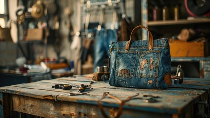 Handbag made from old jeans on dressmaker table. DIY, denim upcycling, using old jeans, upcycle denim stuff. Sustainable lifestyle, hobby, crafting, recycling, zero waste concept