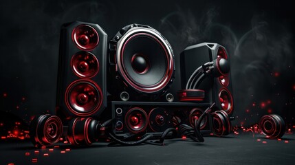 Car speakers, subwoofer, and tuning accessories on a dark background.

