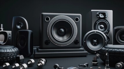 Car speakers, subwoofer, and tuning accessories on a dark background.

