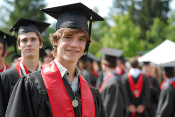 Smiling graduating student guy in academic gown standing with fellow alumni on sunny graduation day