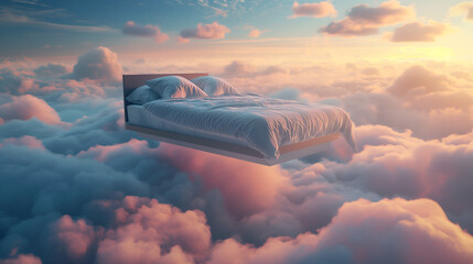Bed floating in space, fairy-tale dreams and lucid dreams, rest in bed , dream concept