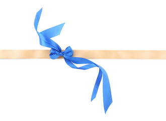 Golden satin ribbon with blue bow isolated on white, top view