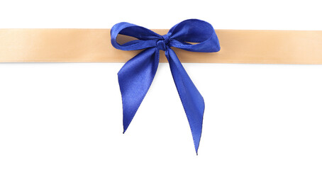 Golden satin ribbon with blue bow isolated on white, top view