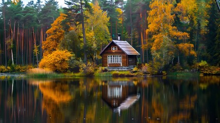 Fototapeta premium A small cabin is surrounded by trees and water.