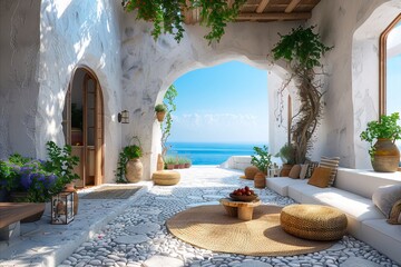 Fototapeta premium A white and stone patio with a view of the ocean.