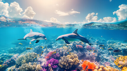 Two Dolphins swimming underwater of ocean on sunny day, mammals animals, underwater world