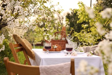 Stylish table setting with beautiful spring flowers, wine and croissants in garden