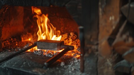 Blacksmith heating metal in a fiery forge.

