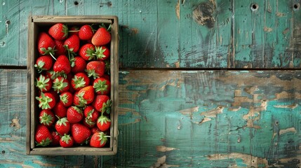 Box of strawberries on a rustic wooden table.

 - Powered by Adobe