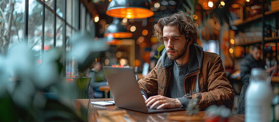 Fototapeta premium A young man working on his laptop in a quiet cafe environment