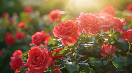 A gorgeous bush of red roses shines in the morning summer garden against a vibrant backdrop of a sunny day