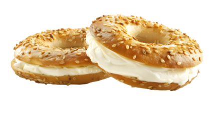  A plain bagel split open and filled with a thick layer of cream cheese, transparent background
