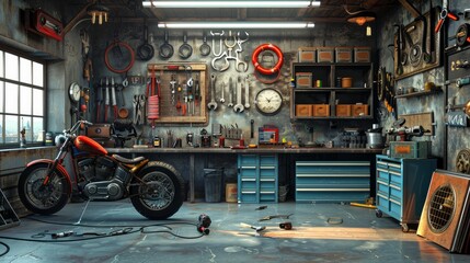 3D illustration of a fully equipped garage workshop with motorcycle.

