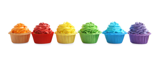Tasty cupcakes with bright cream isolated on white