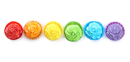 Tasty cupcakes with bright cream isolated on white, top view