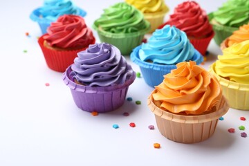 Many tasty cupcakes with bright cream and sprinkles on white background, closeup
