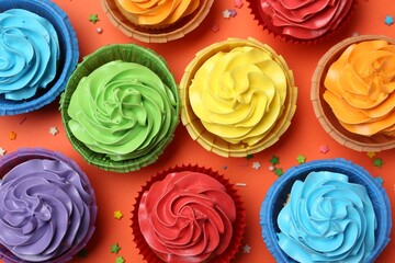 Delicious bright cupcakes and sprinkles on coral background, flat lay