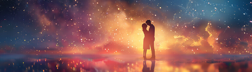 Craft a scene of love in virtual reality, using vibrant watercolors to illustrate a tender embrace under a starlit sky, with beams of light casting a magical glow