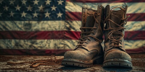 A pair of worn military boots in front of a rugged American flag, symbolizing patriotism and military service