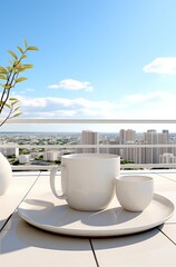 Tranquil Rooftop Patio with White Coffee Cup and Potted Plant