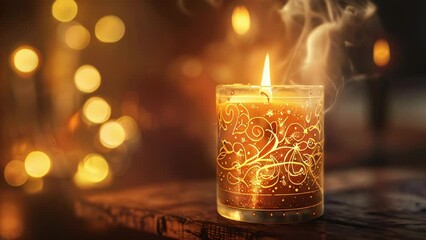 Gold luxury magic beautifully decorated candle burning with soft flickering flames and gentle smoke in warm, cozy setting, relaxation and wellness, spa, and home decor