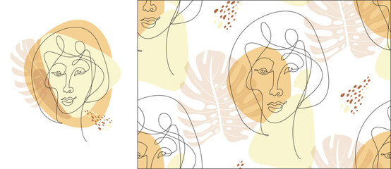 set of portrait  in one line and modern pattern with natural shapes .eps