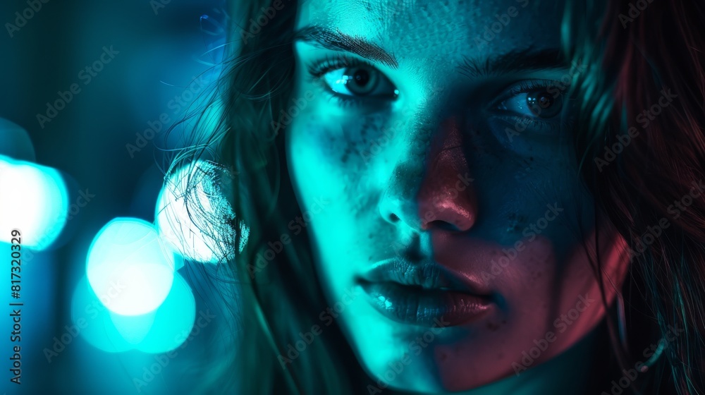 Poster An abstract background with blue and turquoise bokeh light effects, crafting a cool-toned atmosphere