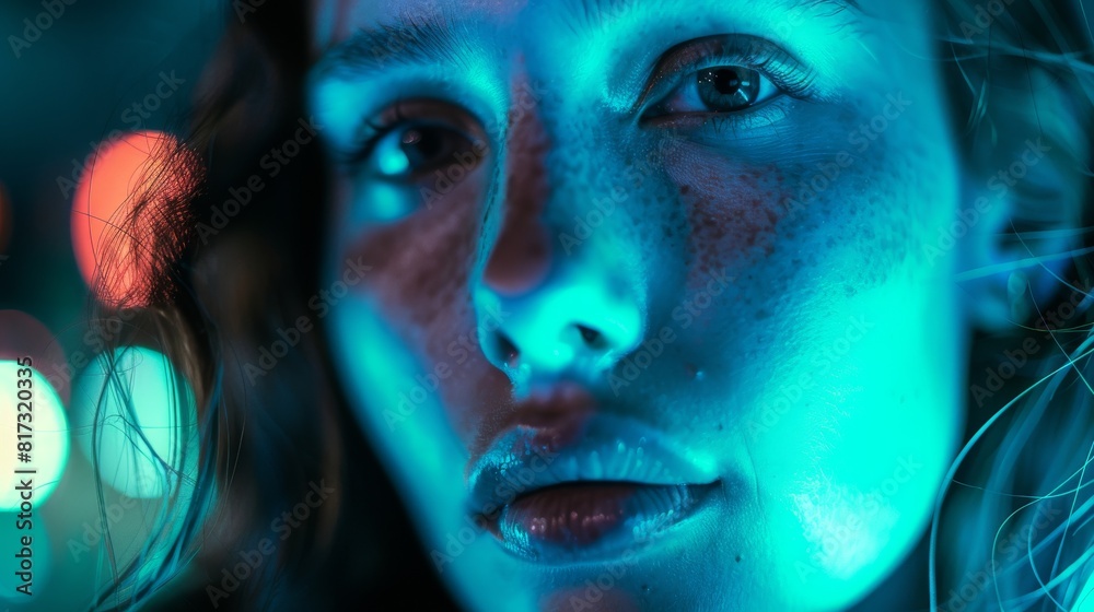 Poster vivid abstract with a collage of red and blue bokeh light effects on a dark backdrop
