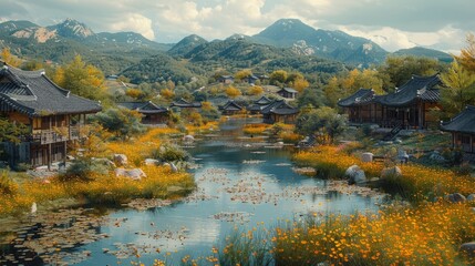 Fototapeta premium Sorae Marsh Ecological Park in Incheon, South Korea, with grass fields, windmills, and houses