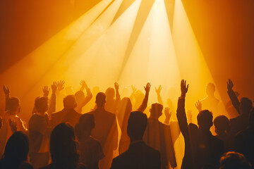 Silhouetted crowd with raised hands under bright lights