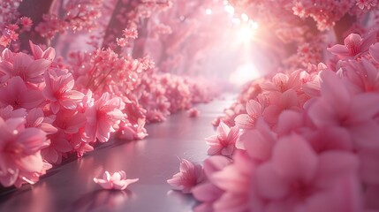 Fototapeta premium Sunrise in the park and a cherry blossom tunnel.