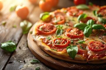 Closeup photo of Traditional Italian Pizza, with raw food materials