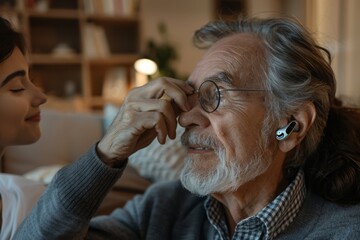 An elderly woman relaxing at home, listening to music with modern wireless earbuds