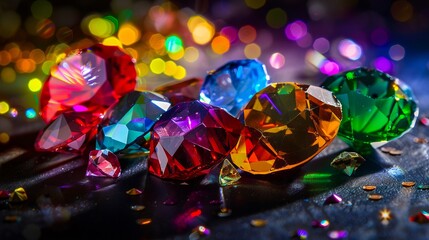 A group of colorful diamonds on a dark background.