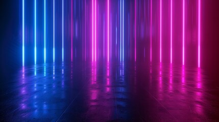 Animation of vertical neon lines in blue and magenta glowing on a reflective floor.

