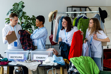 Concept of textile pollution, conscious consumption. Ecology, sustainable lifestyle. Group of...