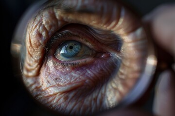 Detailed macro shot focusing on a senior person's eye as seen through the magnifying effect of a lens, with visible wrinkles and skin texture