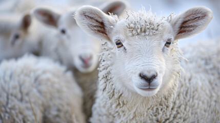 Close-up of a fluffy lamb. A close-up shot of a fluffy lamb with soft white wool and gentle eyes, standing among its herd in a serene and pastoral setting..