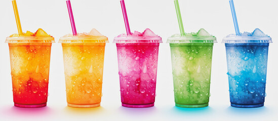 illustration of five cups with rainbow colored slush ice drinks, row on white background