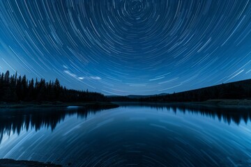 A long exposure captures the star trails in a circular pattern above a serene lake, reflecting stars in the water