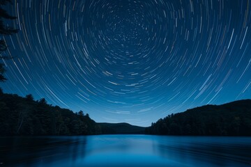 A stunning long exposure shot of star trails over a forested lake reflects the calm of nature at...