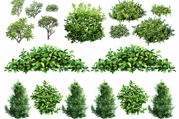 Assorted green bushes and shrubs in different formations with lush green leaves against a white backdrop